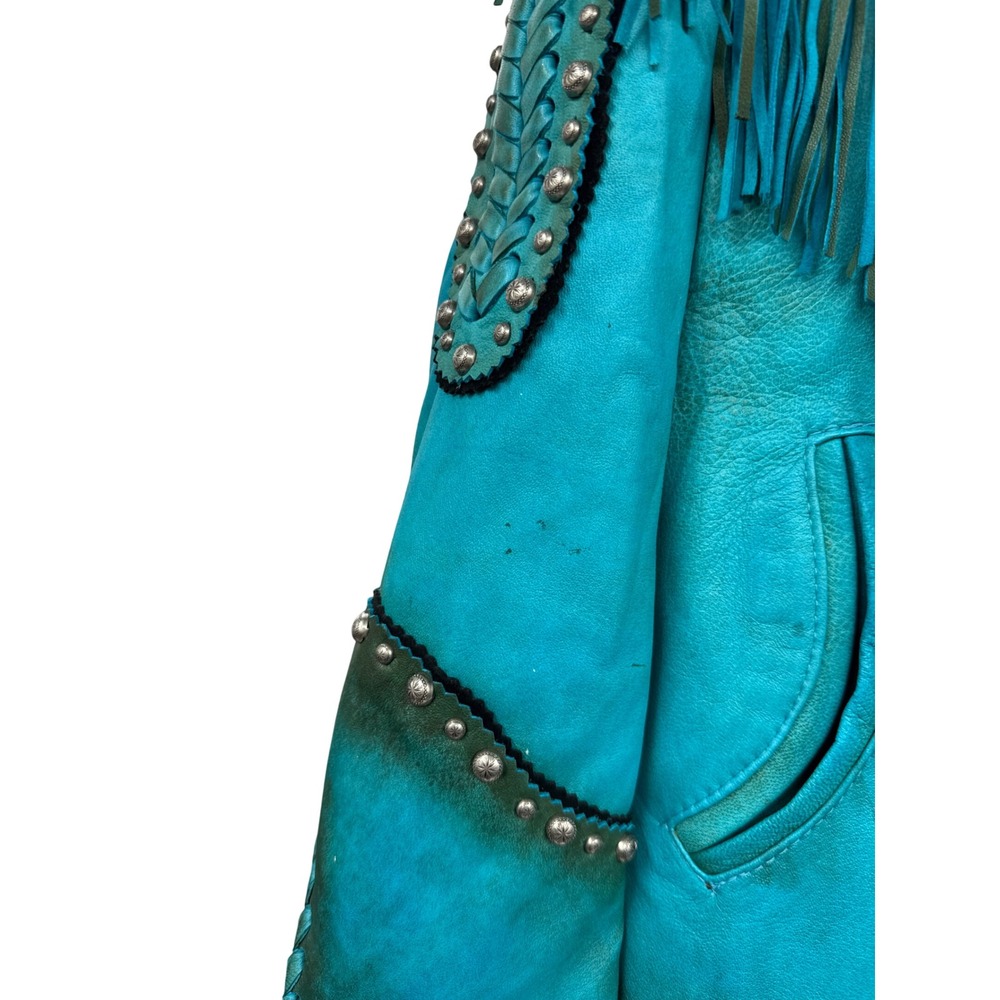 Gamino Turquoise Leather Fringe Western Jacket Studded Boho Whipstitch XL - Picture 2 of 12